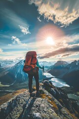 A Fuller-Bodied Hiker with a Vibrant Backpack Stands Triumphantly on a Mountain Peak, Overlooking a Vast, Breathtaking Landscape Under the Gleaming Sun