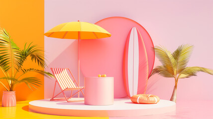 Fototapeta premium podium Surreal dream Summer 3d polygon , pile of sand beach umbrella, beach chair, beach ball, flowers, Travel inspiration