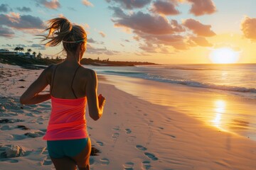 A Vibrant, Energetic Woman Dressed in Bright Workout Attire, Poised on the Sandy Shoreline, Eager to Embark on Her Morning Beachside Jog