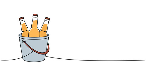 Beer bottles in a ice bucket one line colored continuous drawing. Beer pub products continuous one line illustration. Vector linear illustration.