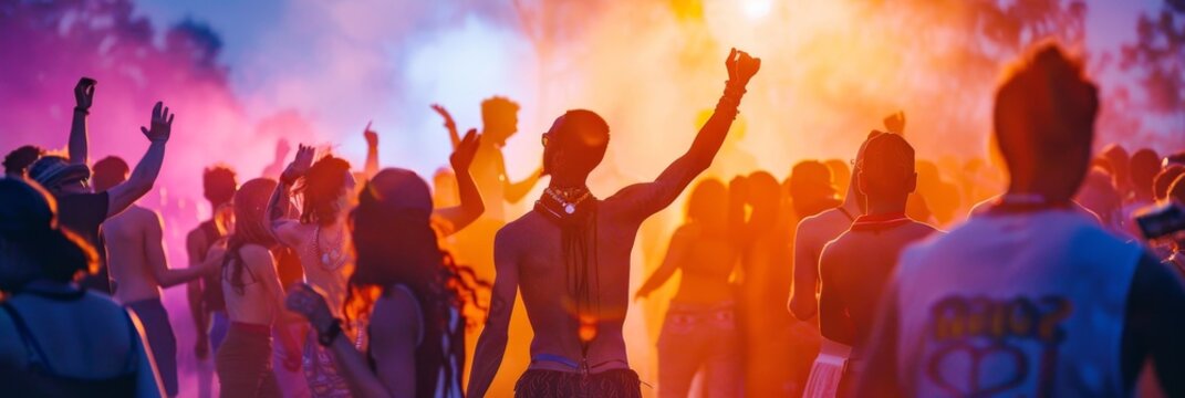 A Radiant Soul Unleashing Joy Through Movement: Captivating Scene of an Individual Dancing Freely at a Lush Outdoor Music Festival