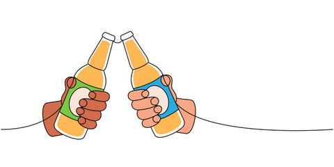 Hands holding beer bottles one line colored continuous drawing. Beer pub products continuous one line illustration. Vector linear illustration.