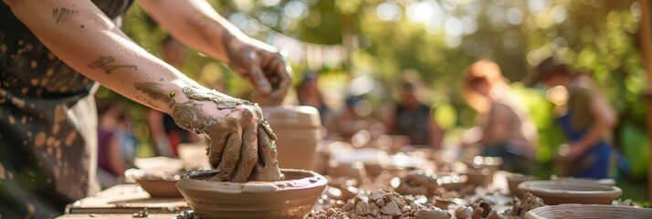 A sunlit outdoor pottery class warmly welcomes individuals of all ages and sizes, celebrating creativity and body positivity under the open sky