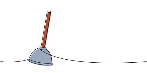 Toilet plunger one line colored continuous drawing. Cleaning service tools continuous one line illustration. Vector linear illustration.