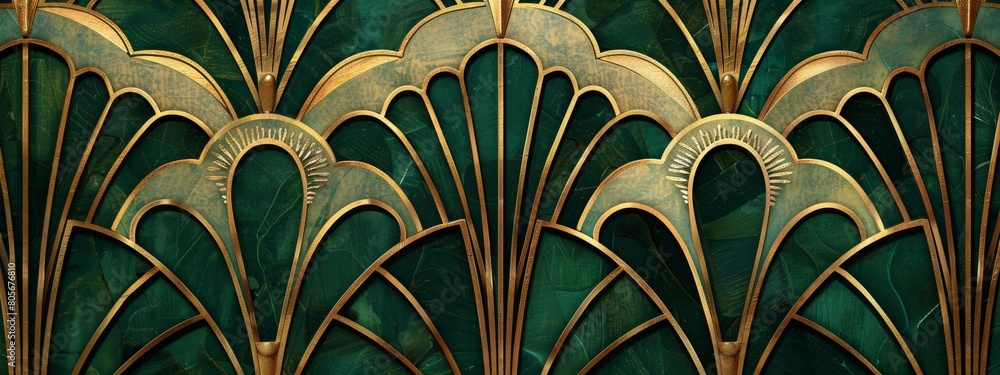 Poster a closeup of an art deco background with geometric patterns in emerald green and gold, showcasing th