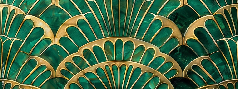 Poster a closeup of an art deco background with geometric patterns in emerald green and gold, showcasing th