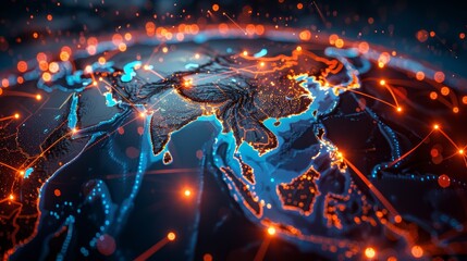 Striking digital map depicting Earth at night with detailed network connectivity across continents and oceans.