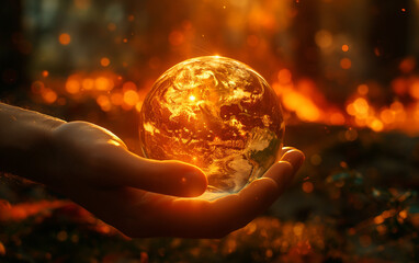 A hand holding a crystal glass earth globe with the background of burning forest, depicting global warming around the world