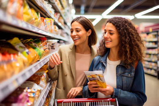 Dos mujeres j&oacute;venes de compras en un supermercado.