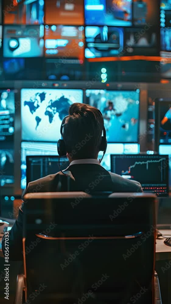 Poster a man is sitting in front of a computer monitor with a headset on. he is wearing a suit and tie. ver