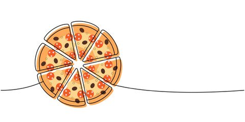 Whole pizza with ingredients one line colored continuous drawing. Traditional italian fast food continuous one line illustration. Vector illustration.