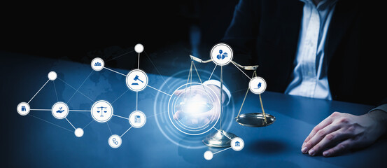 Smart law, legal advice icons and lawyer working tools in the lawyers office showing concept of...