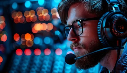 Voice actor performing animated character voices, microphone in a soundproof booth