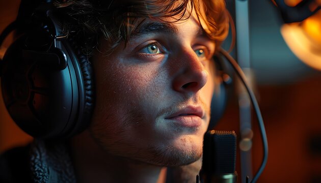 Voice actor performing animated character voices, microphone in a soundproof booth