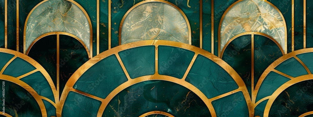 Poster a closeup of an art deco background with geometric patterns in emerald green and gold, showcasing th