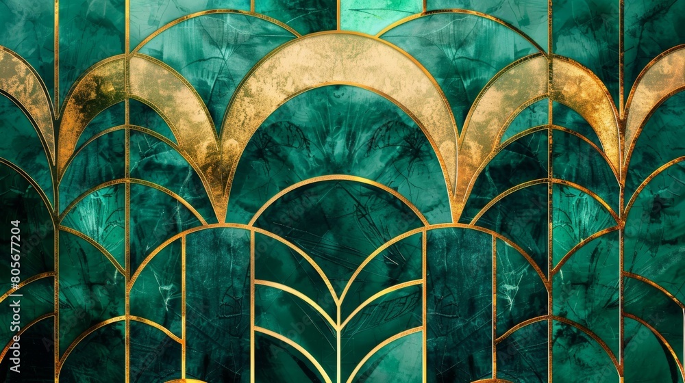 Poster a closeup of an art deco background with geometric patterns in emerald green and gold, showcasing th