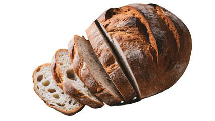 Rustic baked bread, golden-brown crust, sliced open, isolated transparent background 