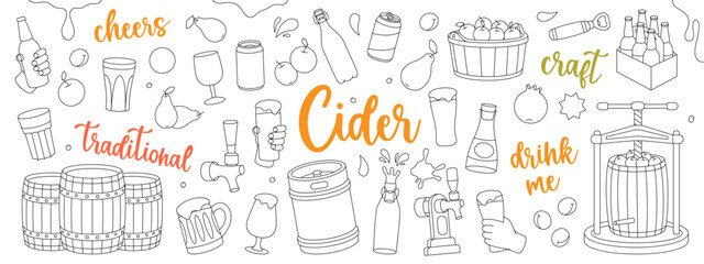 Fruit cider outline set. Wooden barrels, cans, glasses, mugs, metal keg, bottle opener, tap. Cider process production. Craft fruit beer collection.