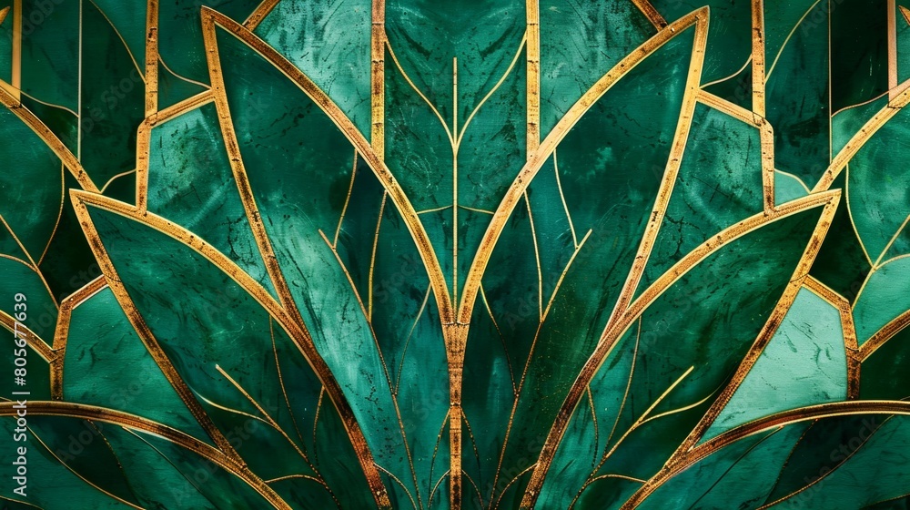 Poster a closeup of an art deco background with geometric patterns in emerald green and gold, showcasing th