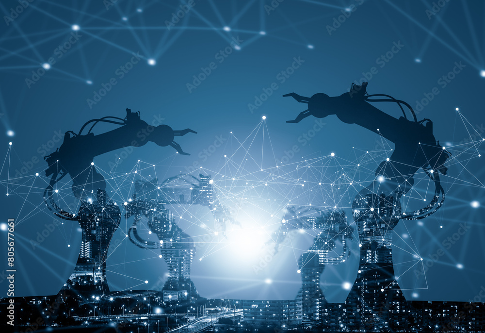 Aufkleber mlp mechanized industry of future factory double exposure image. concept of robotics technology for 