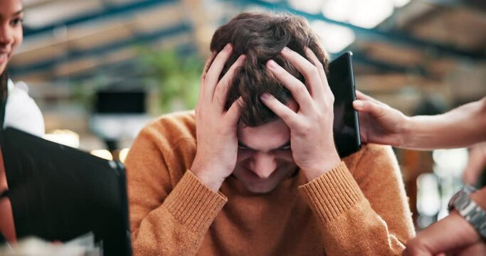 Man, stress and pressure with chaos or anxiety in depression, deadline or mental health at office. Frustrated male person or busy employee with workload, overwhelmed or demanding colleagues for tasks