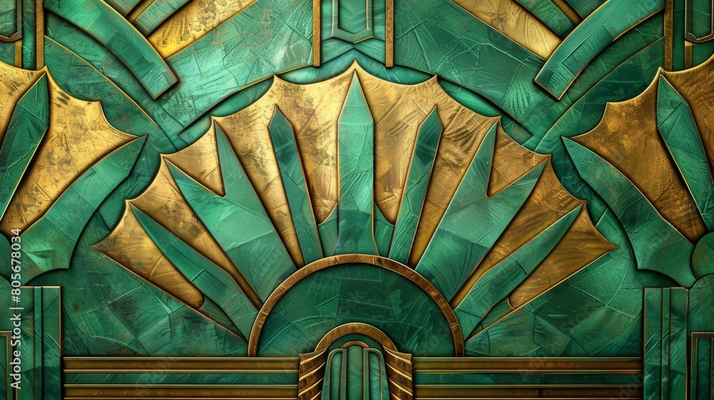 Poster a closeup of an art deco background with geometric patterns in emerald green and gold, showcasing th