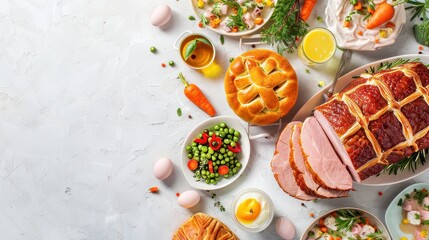 Classic Easter ham dinner. Top view table scene on a white background. Ham, eggs, hot cross buns, carrot, cake and vegetables. Panorama with copy space