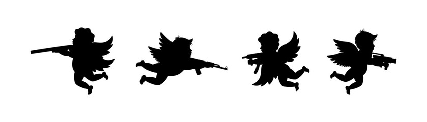Little angels with firearms. Angel with a wings. Cherubs silhouette. Cupids shooting a guns. Vector illustration.