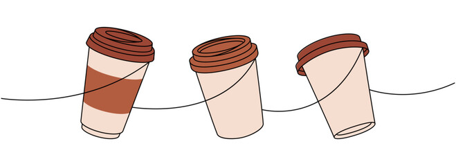 Coffee takeaway cups one line colored continuous drawing. Hand drawn elements for cafe menu, coffee shop. Vector linear illustration.