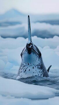 A narwhal with a neon blue sonic horn, breaking through the Arctic ice from below. Vertical video