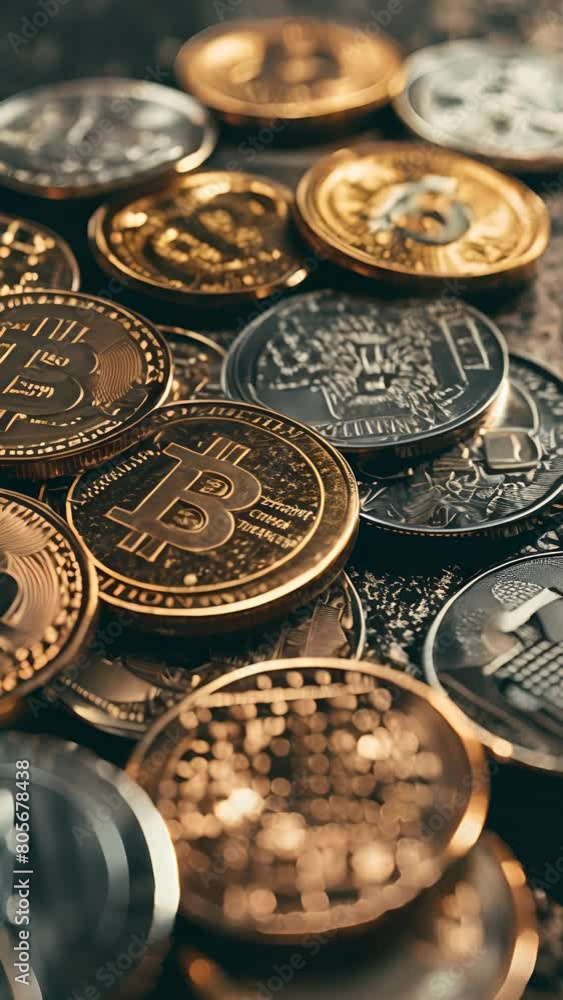 Poster a pile of coins with one of them reading bitcoin. the coins are of different sizes and colors, and t