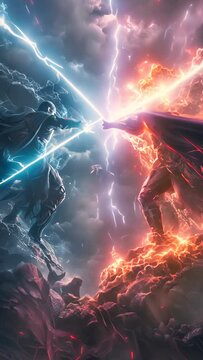 A dramatic digital artwork epic clash between two unearthly powers, manifested as titanic figures radiating intense blue and fiery orange energies against tumultuous stormy backdrop. Vertical video