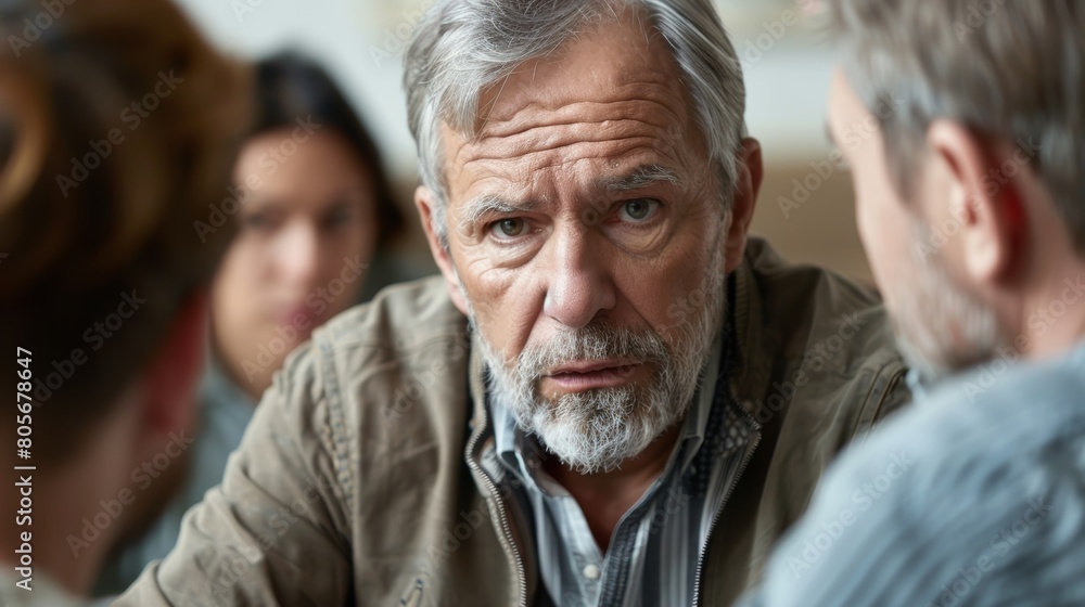 Poster a closeup shot of a man with a caring expression listening intently to his fellow group member at a 