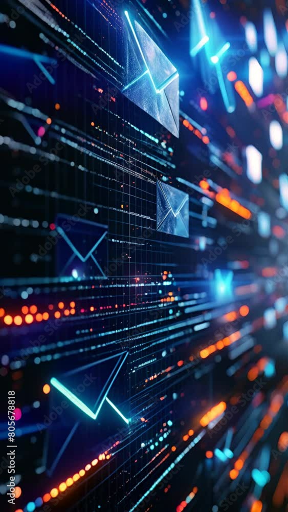 Poster virtual mail icons on a glowing computer screen, illustrating a blend of innovation and connectivity