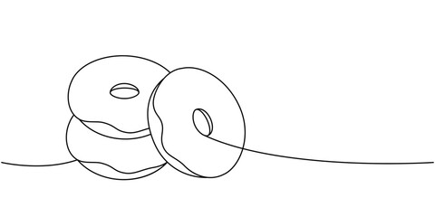 Glazed donuts one line continuous drawing. Bakery sweet pastry food. Vector linear illustration.