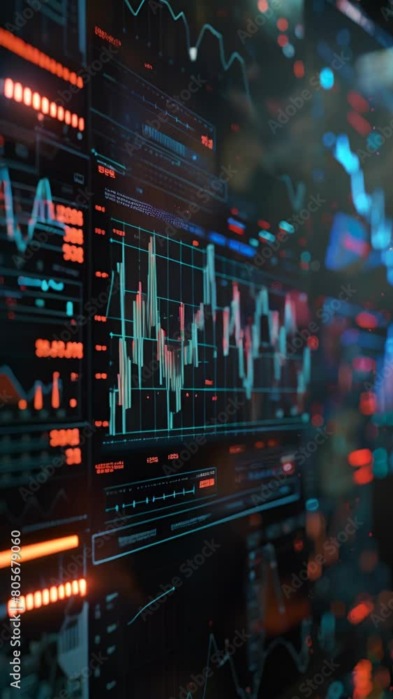 Aufkleber cybernetic data monitoring screens with pulsating analytics, focus on investment growth trends. vert