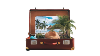 Holiday-themed travel banner displayed on suitcase, exotic tropical destination with palm trees, white sand beaches, and crystal-clear waters, summer travel destination ad, transparent background