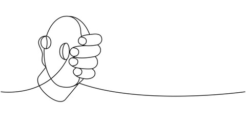 Hand holding a donut one line continuous drawing. Bakery sweet pastry food. Vector linear illustration.