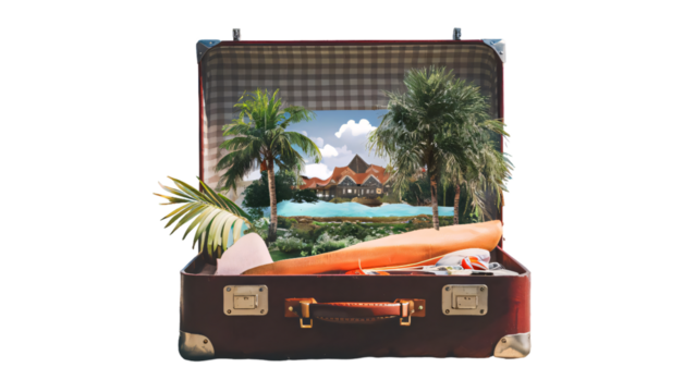 Holiday-themed travel banner displayed on suitcase, exotic tropical destination with palm trees, white sand beaches, and crystal-clear waters, summer travel destination ad, transparent background