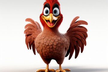 Obraz premium A cheerful cartoon chicken with red feathers and a bright orange beak on a white background. The chickens joyful expression adds positivity and fun. Great for various projects