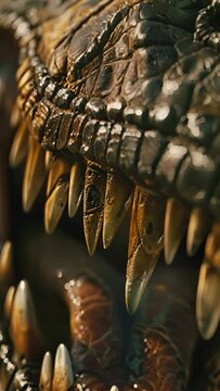Closeup of an Allosaurus jawbone, highlighting the detailed arrangement of sharp teeth and indicating the creature's powerful bite force, ideal for studies of predatory mechanisms. Vertical video