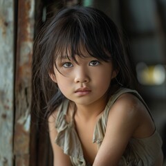 Obraz premium A young girl with long dark hair and brown eyes gazes at the camera with a somber expression on her face. She is wearing a simple dress and has a slightly disheveled appearance