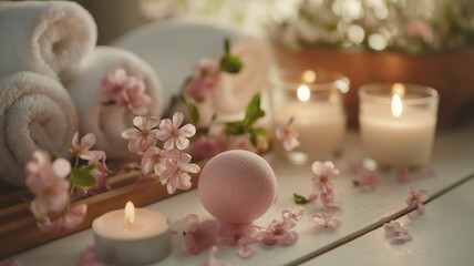 A serene spa setting featuring fluffy white towels, pink cherry blossoms, and glowing candles on a light wooden table.