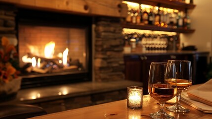 A cozy fireplace in the corner providing a cozy atmosphere for sipping on a glass of fine wine or a handcrafted cocktail at the sophisticated home bar.