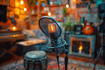 Podcaster recording an episode, microphone with pop filter, cozy home studio
