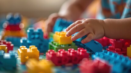 Close-up of a child's hands playing with colorful Lego. Generate AI image