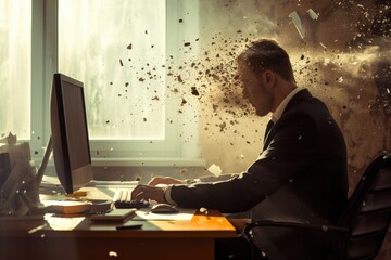 Technology disruption and job replacement concept caused by harmful technological transformation affecting the economic and workforce demands. A man profession is obsolete. AIG41