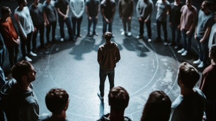 One man standing in the middle of the room surrounded by a circle of other men as they learn a choreographed routine together.