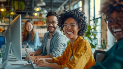 Vibrant Team Collaboration: Multiethnic Professionals Engaging at a Bright, Plant-Filled Workspace