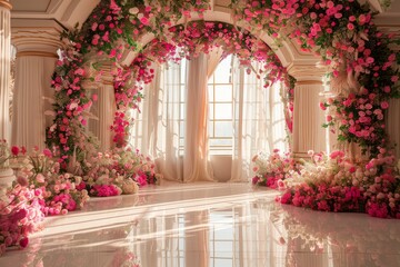 Dreamy wedding backdrop: A romantic scene unfolds around a warmly lit window, framed by a semi-arch of roses in pink, fuchsia, and white tones. The floor, filled with flowers 
